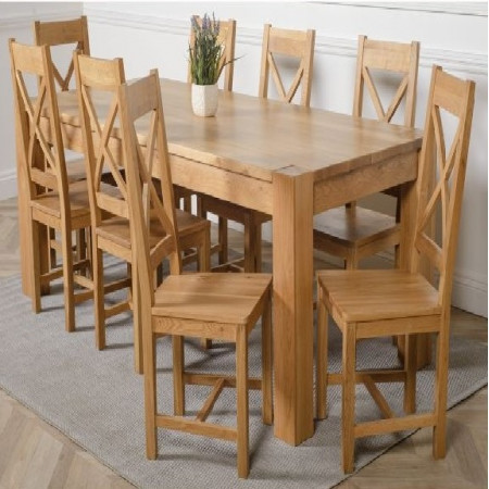 ChunKy Oak : Bàn Ăn 1m6 + 8 Ghế ( Lưng X - Mặt Gỗ )